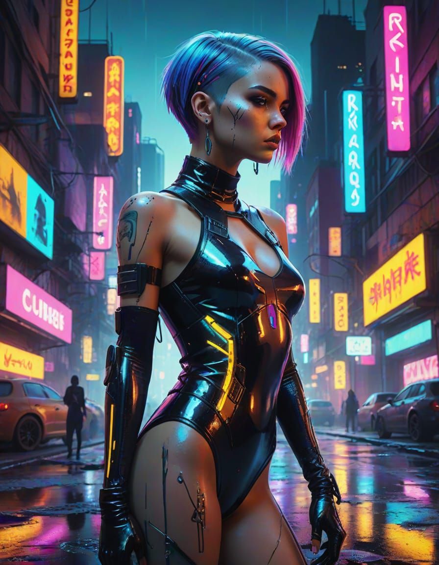 Cyberpunk Woman in Futuristic City at Dusk