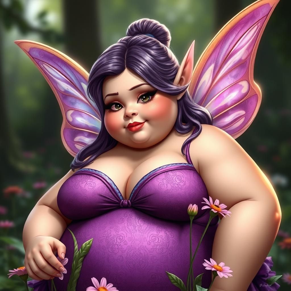 Curvy Elf with Fairy Wings Picking Flowers