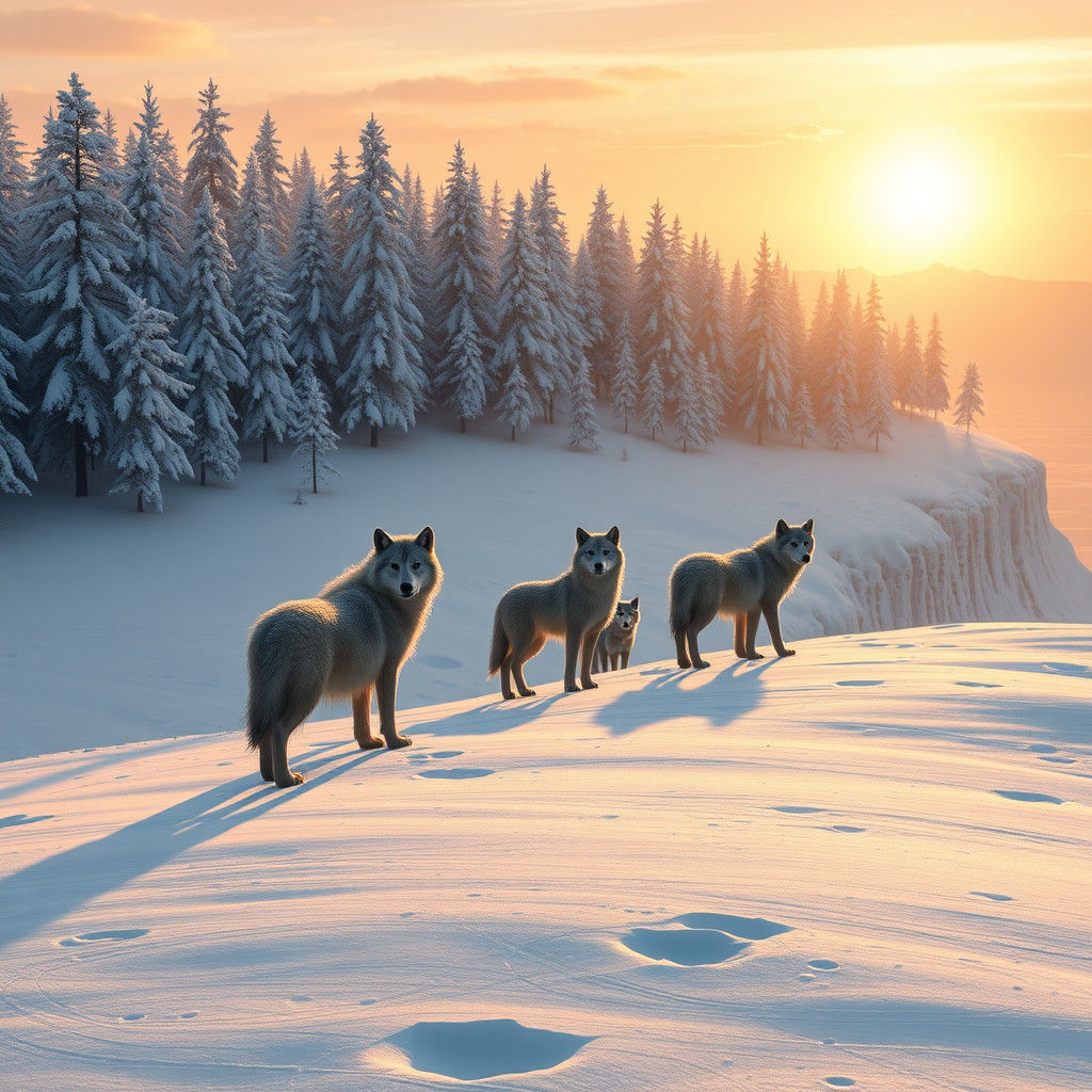 Arctic Wolves on Snowy Tundra at Sunset