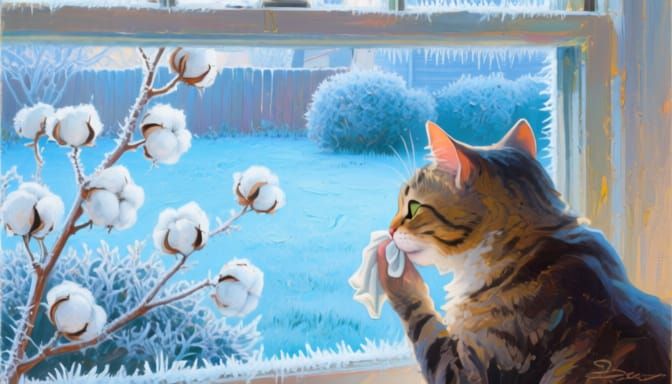 Cat Washes Nose at Window, Admiring Frosty Yard