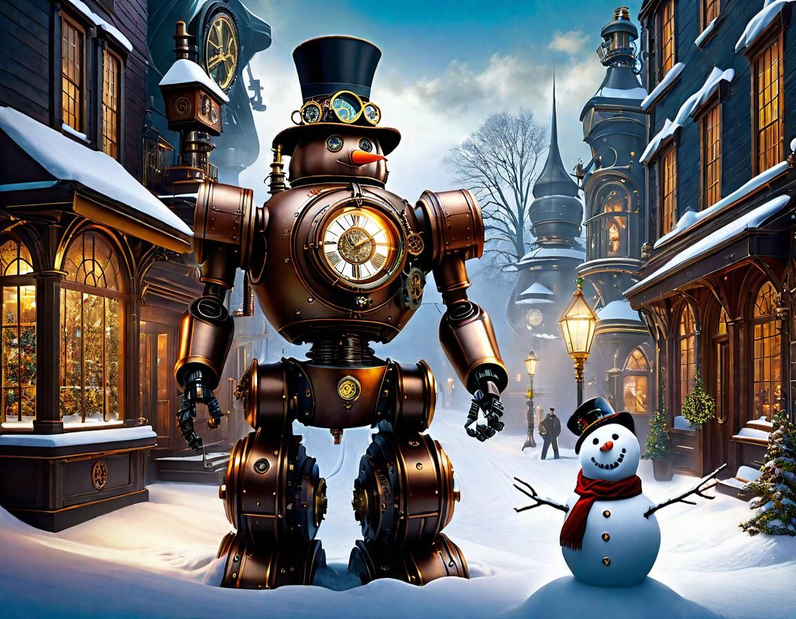 Steampunk Robot Snowman in Winter Wonderland