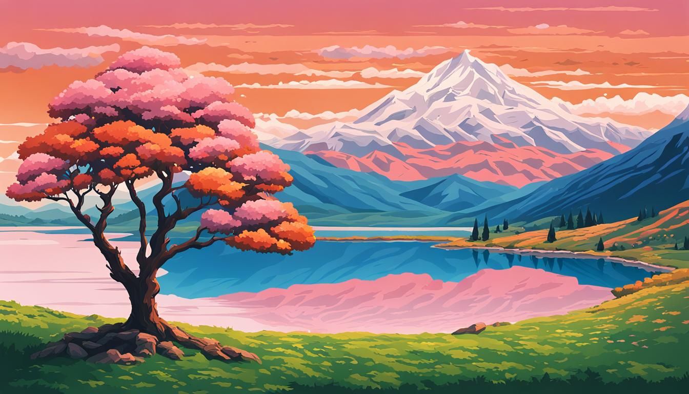 16-bit Landscape with Pink Tree and Lake