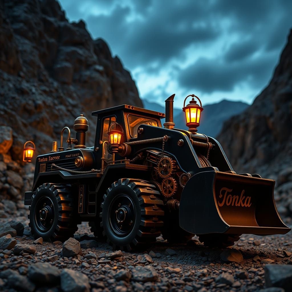 Steampunk Tonka Toy Payloader in Mountain Quarry at Dusk