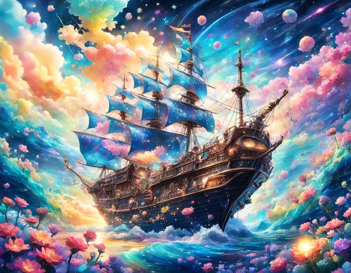 Surreal Cosmic Manga Masterpiece of a Pirate Ship in Iridesc...