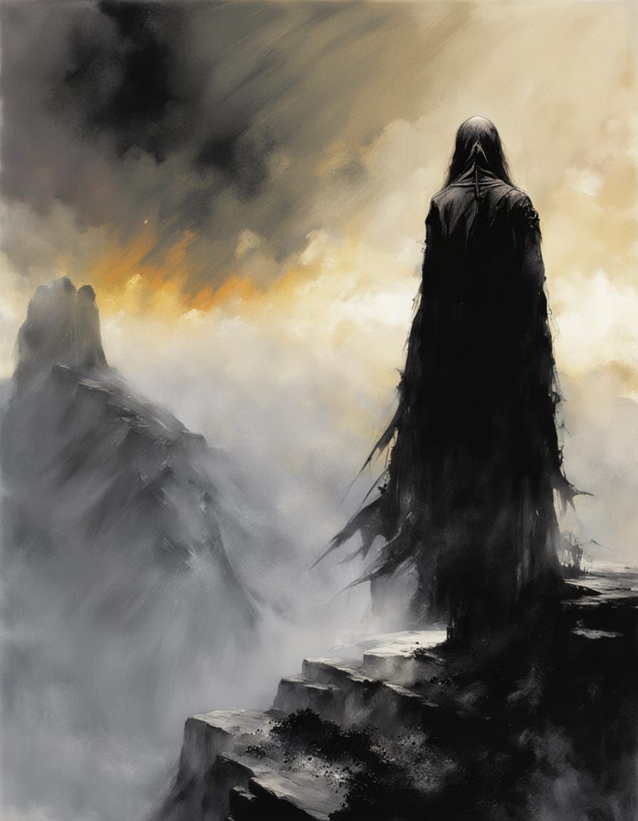 Misty Mountain Peak at Dawn in Watercolor Style