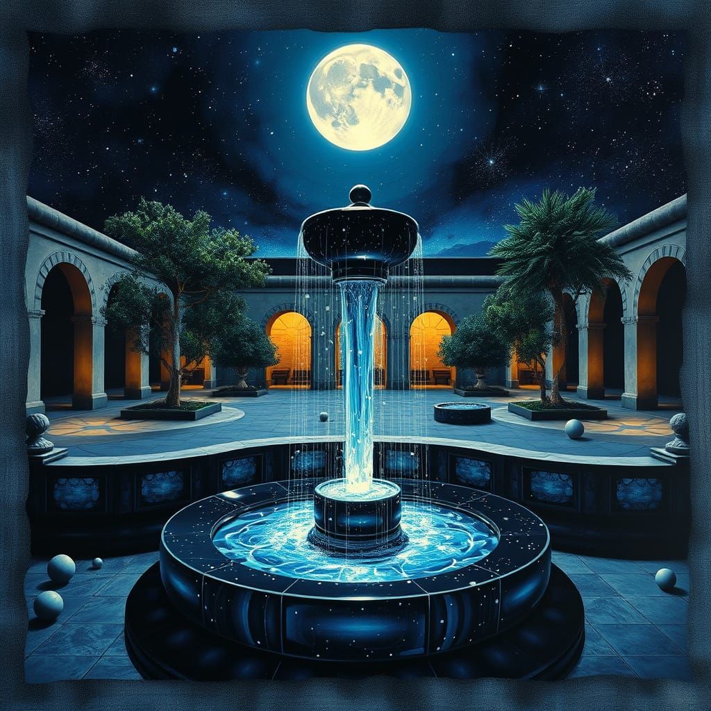 Surreal Starlight Fountain in Moonlit Courtyard