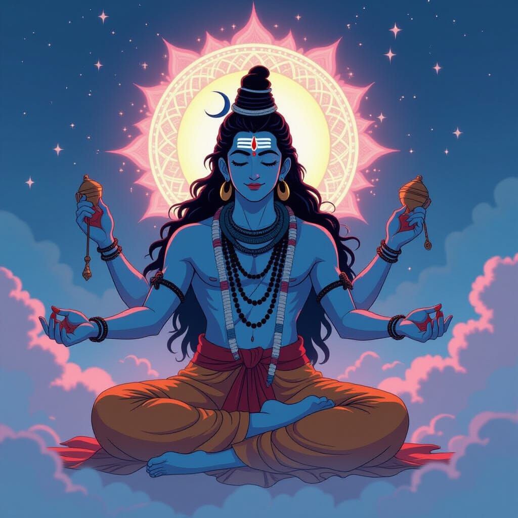 Lord Shiva Summons Cosmic Energy in Ghibli Style