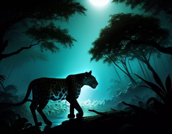 Majestic Jaguar Silhouette in Moonlit Jungle