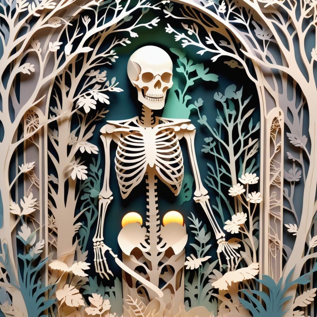 Kirigami Paper Skeleton in Art Deco Style