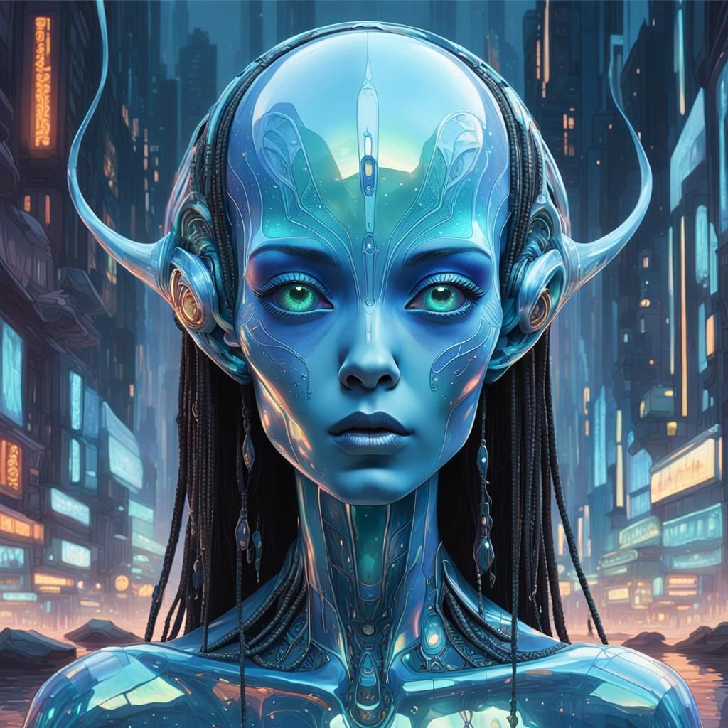 Ethereal Blue Alien Siren in Cyberpunk Style