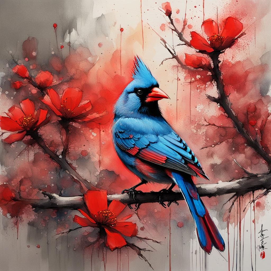 Vibrant Red Cardinal with Red Flowers