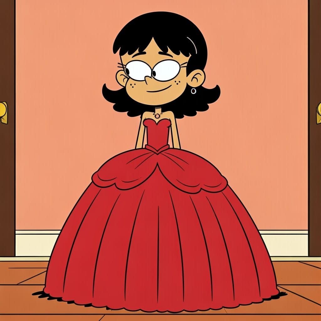 The Loud House cartoon style: Stella Zhau wearing a long red sleeveless poofy tulle quinceanera ball gown. She has black...