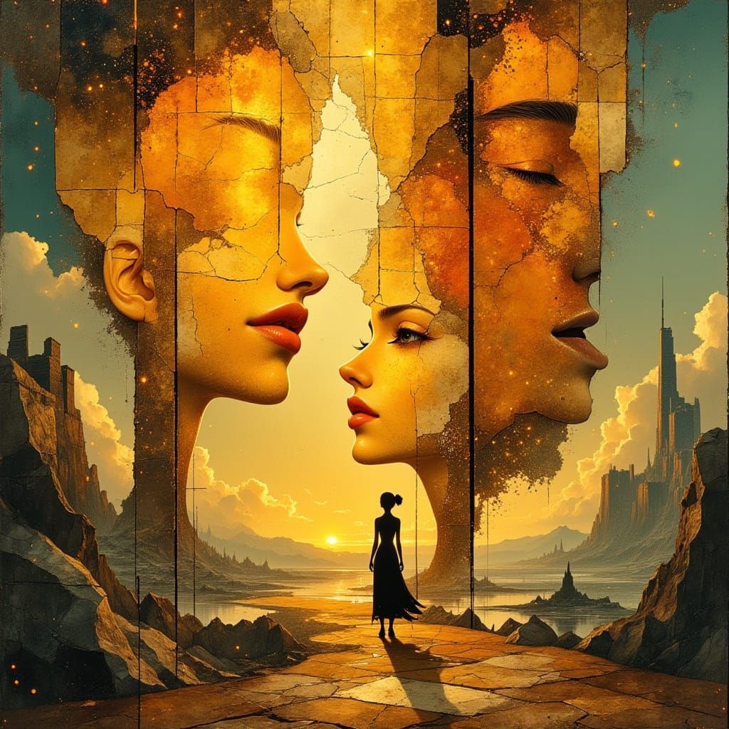 Ethereal Dusk Scene: Women's Glass Heads and Men's Puzzle Fa...