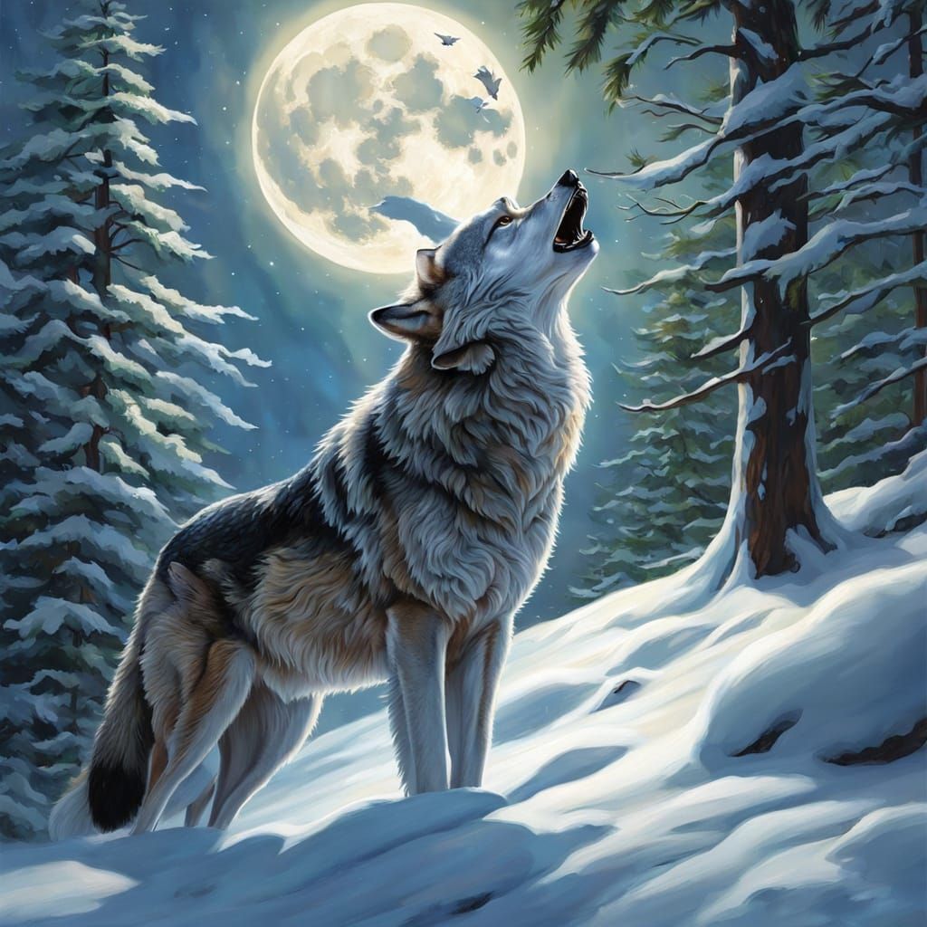 Magnificent Wolf Howling in Snowy Forest Splash Art
