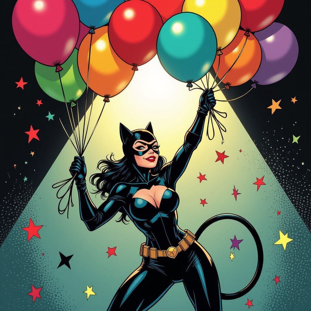 Catwoman Plays with Birthday Balloon in Comic Style