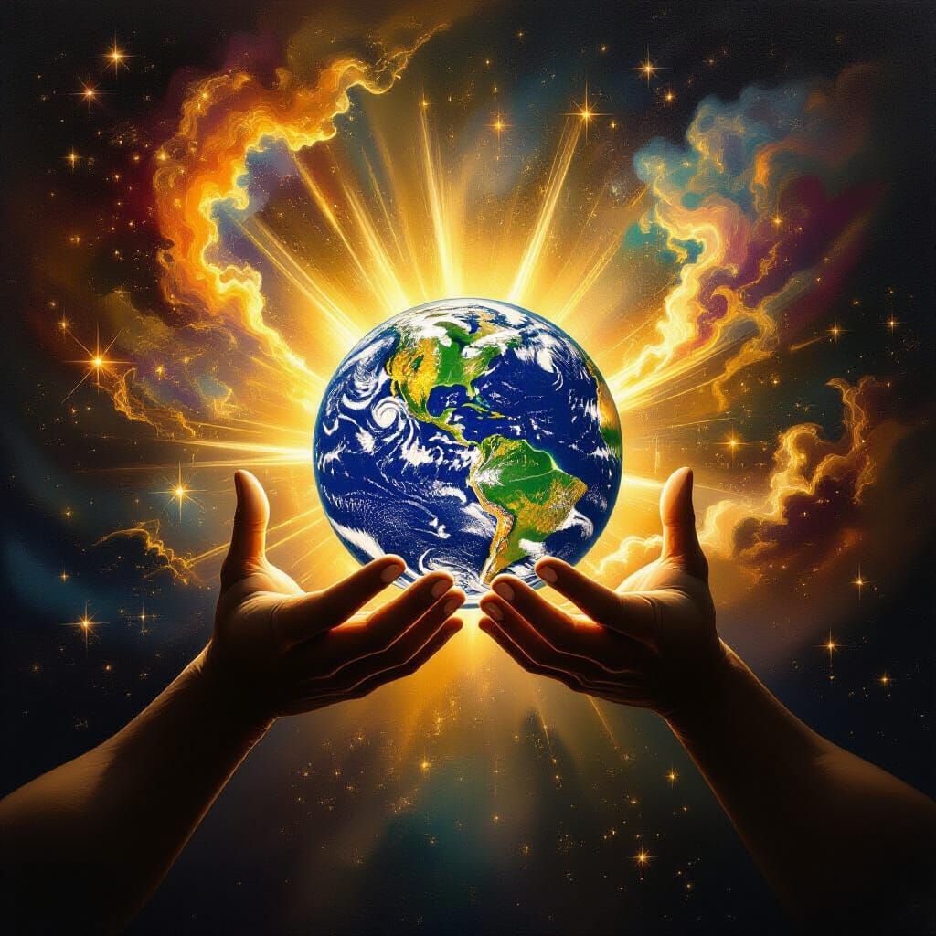 Divine Hands Shape Earth from Stardust in Cosmic Scene