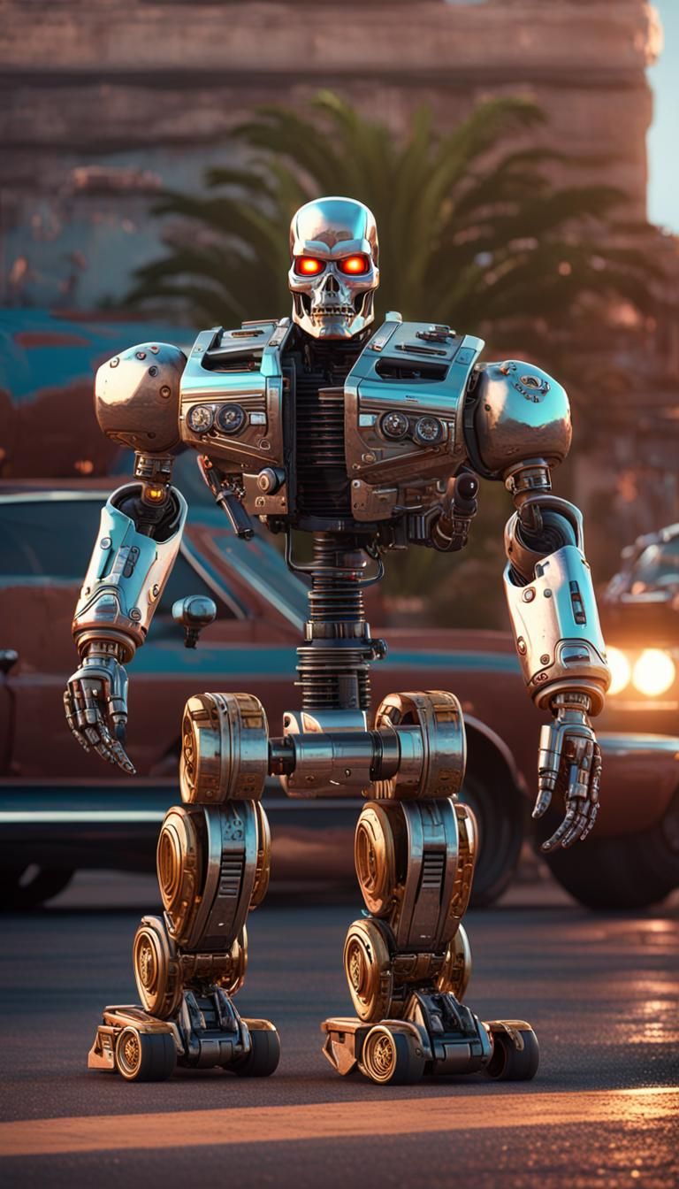 Epic Terminator Robot in Futuristic Mexican Lowrider, Render...