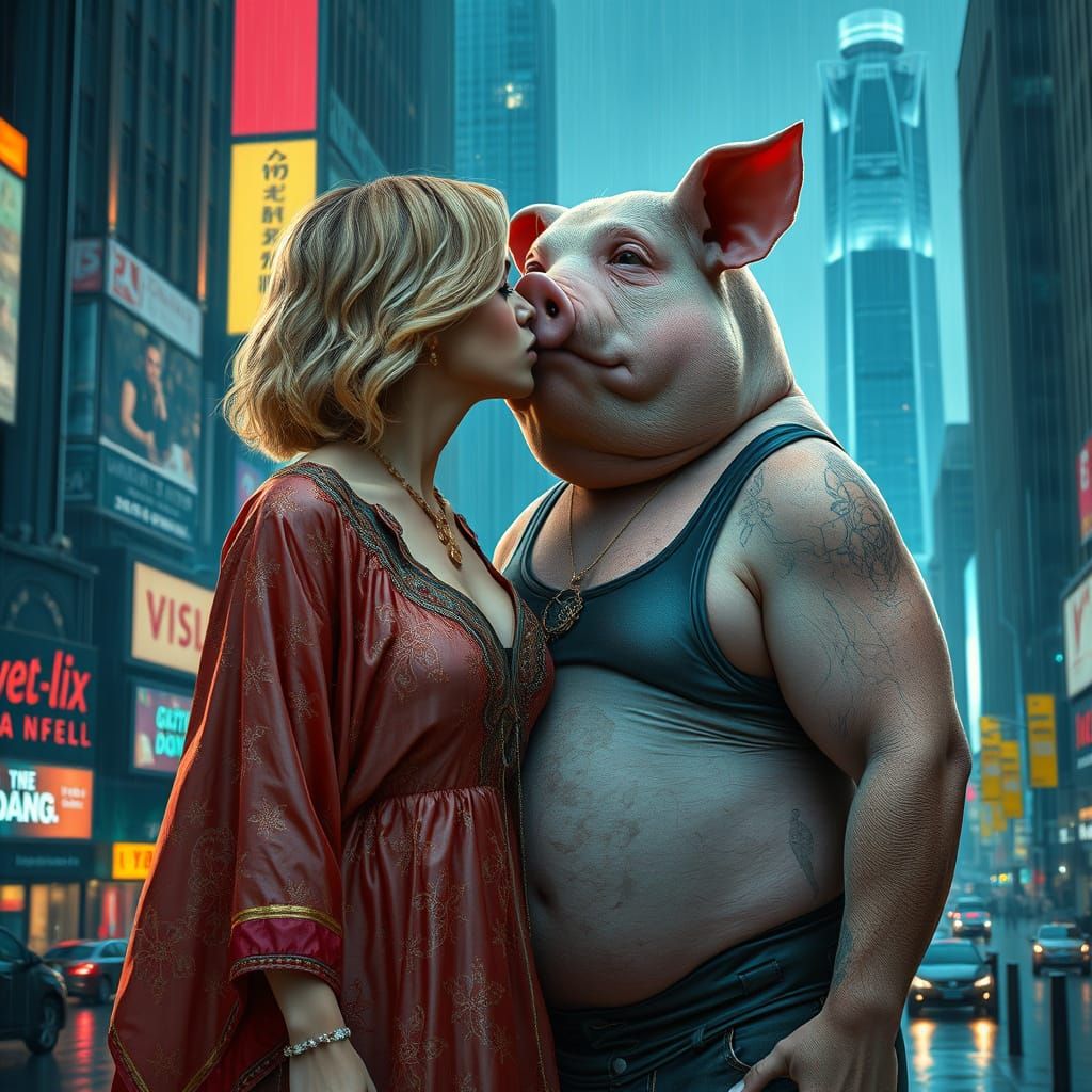 Cyberpunk Goddess Kisses Robotic Pig in Dystopian City
