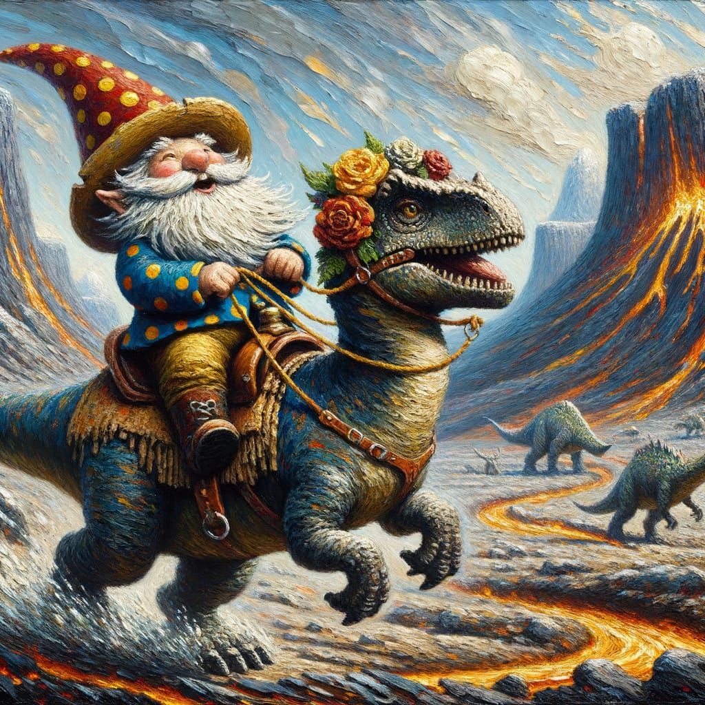 Gnome Rides Dinosaur in Post-Impressionistic Style