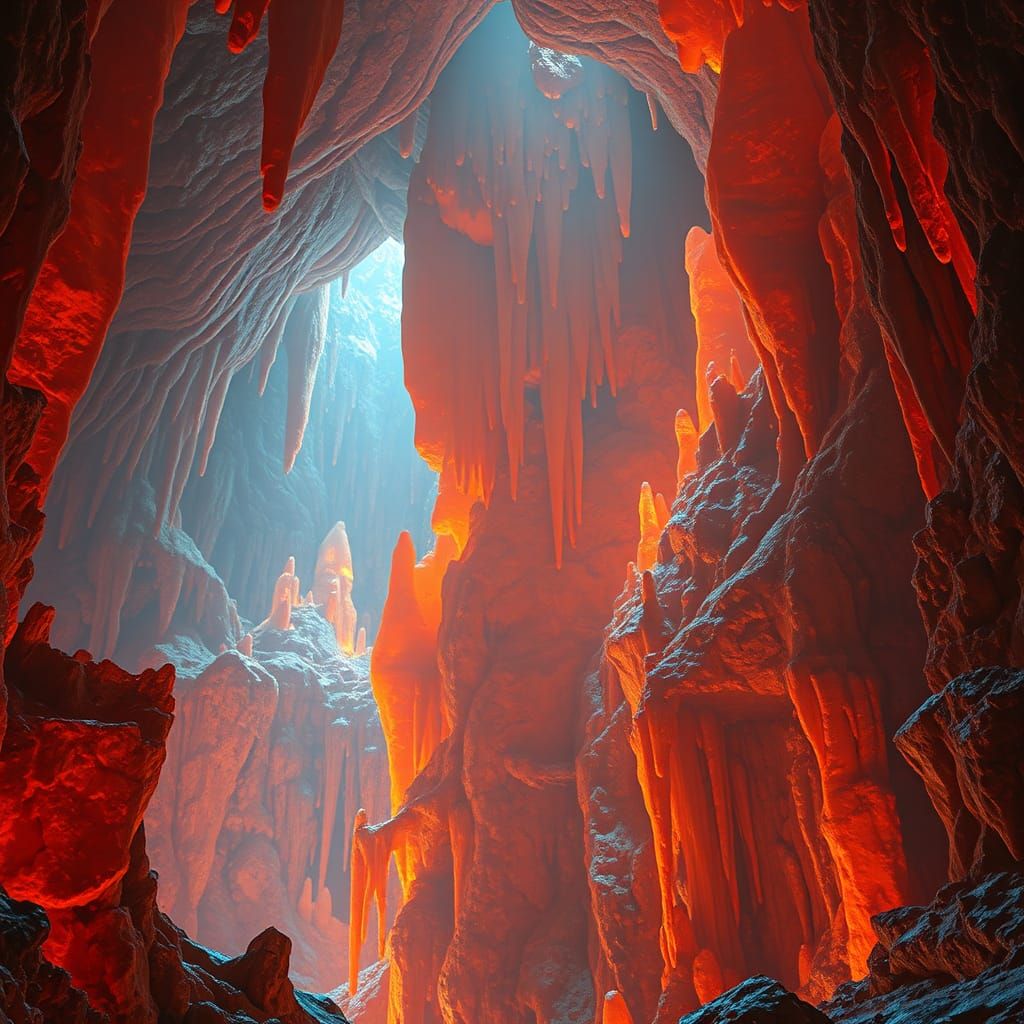 Ethereal Orange Crystalline Cave with Refracted Light