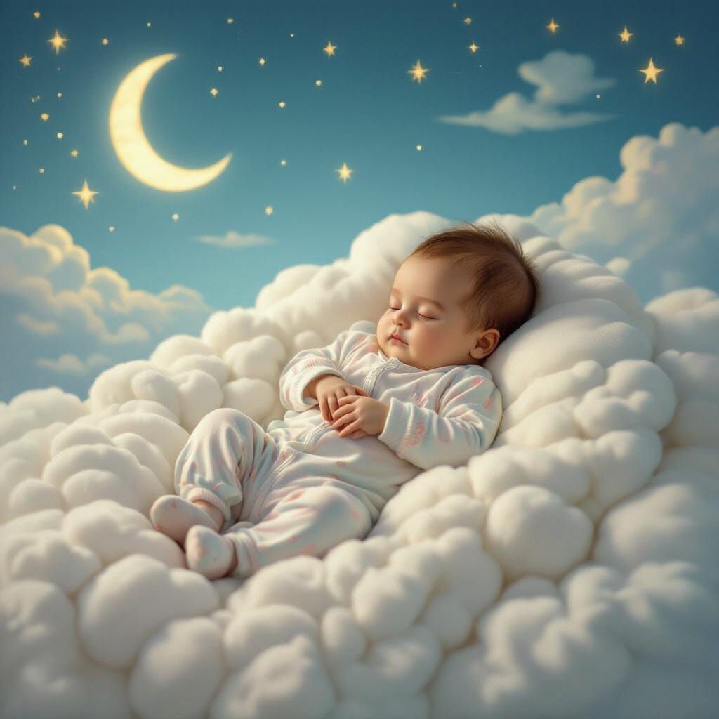Peaceful Newborn Slumbers on Cloud Under Starlit Sky