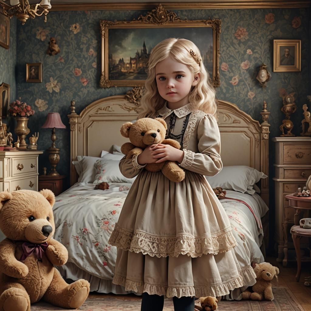 Victorian Girl with Teddy Bear: Detailed Matte Painting