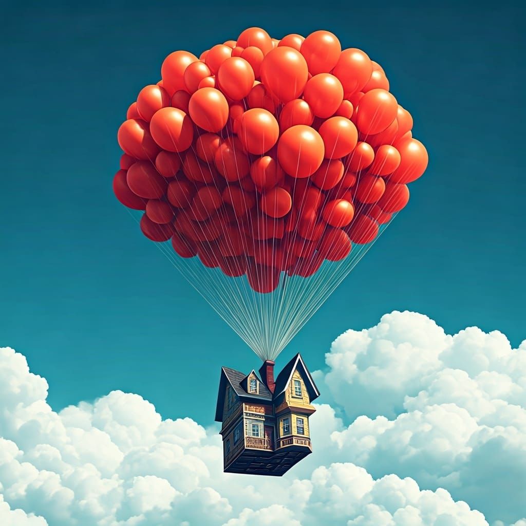 House Ascending to Clouds with Giant Balloons