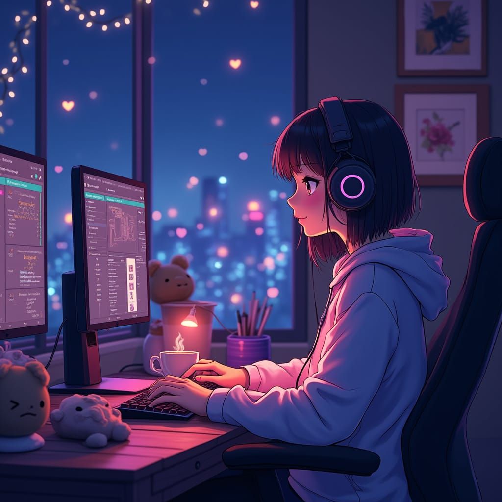 Cozy Anime Room with Girl and Neon Glow