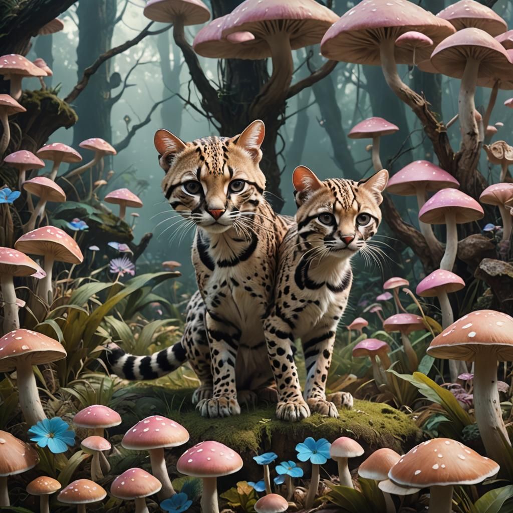 Ocelot and Pastel Mushrooms Digital Painting