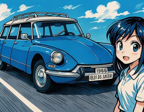Blue 1968 Citroën ID21 DS Safari in Manga Style