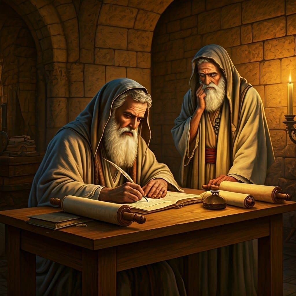 Biblical Scene of a Scribe and a Pharisee in Traditional Heb...