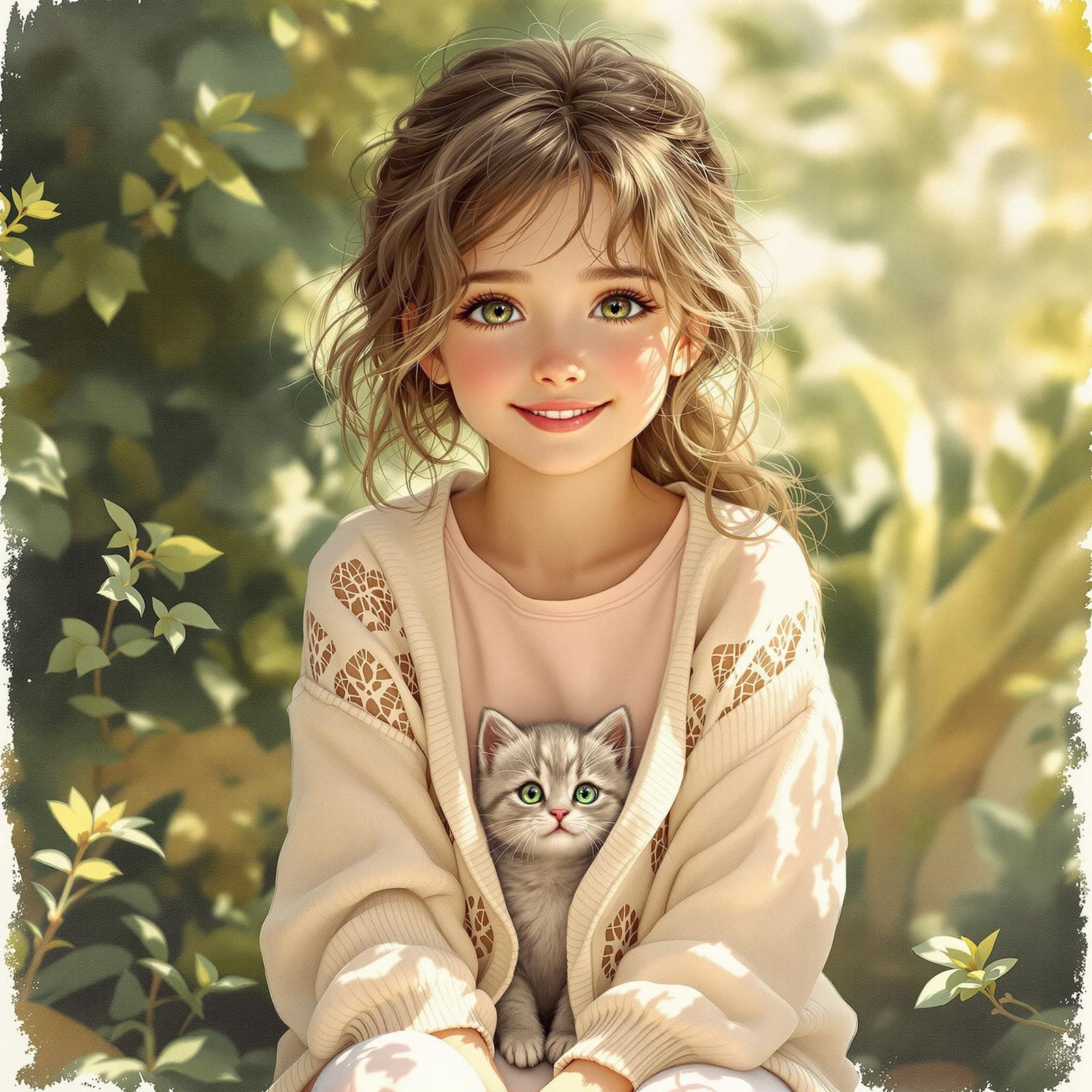 Whimsical Girl and Kitten in Sunny Garden
