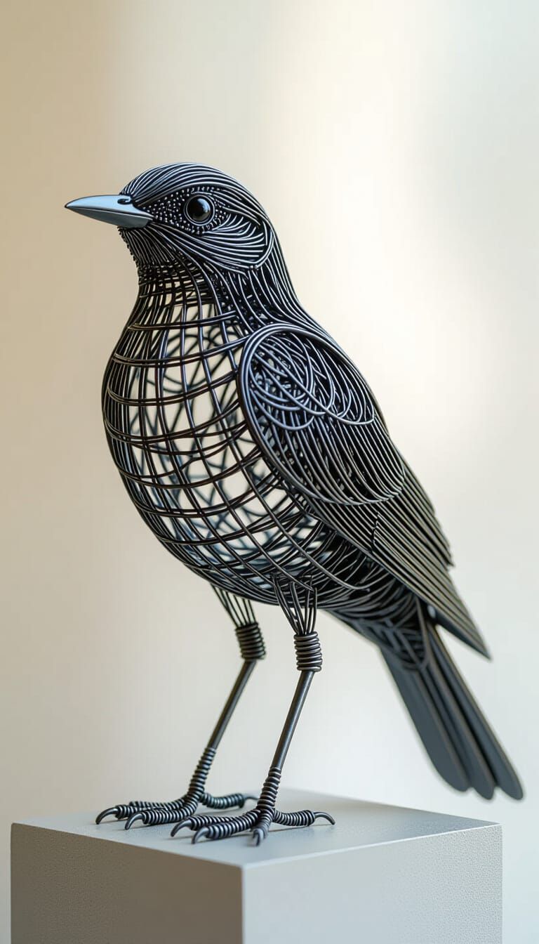Realistic Wire Bird Sculpture in Studio Lighting