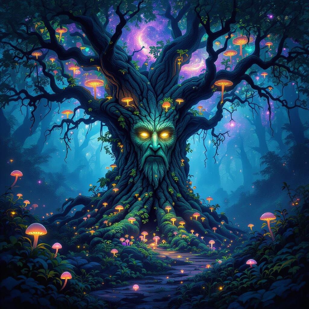 Enchanted Forest with Ancient Tree and Nebula Sky