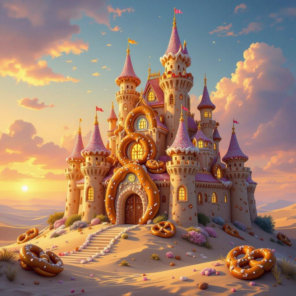 Whimsical Pretzel Cookie Castle at Sunset