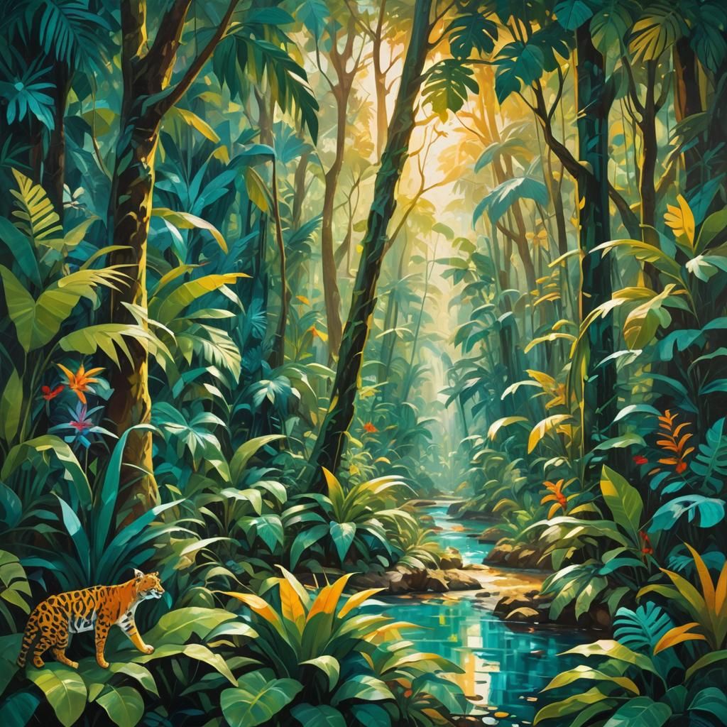 Lush Jungle with Exotic Wildlife in Expressionist Style