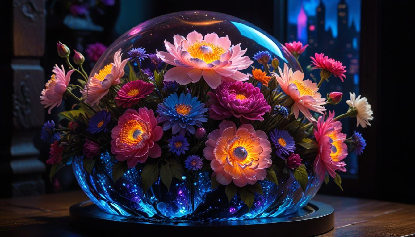 Crystal Vase City with Glowing Alien Flowers