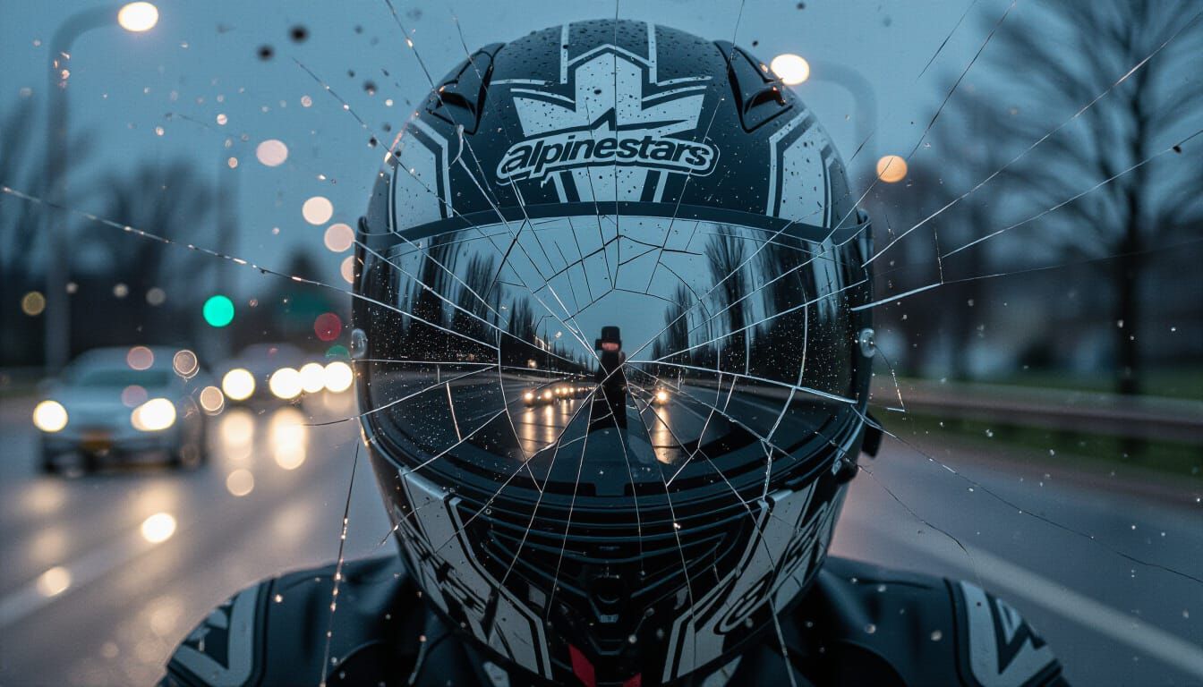 Cracked Helmet Visor Reflecting Noir Cityscape