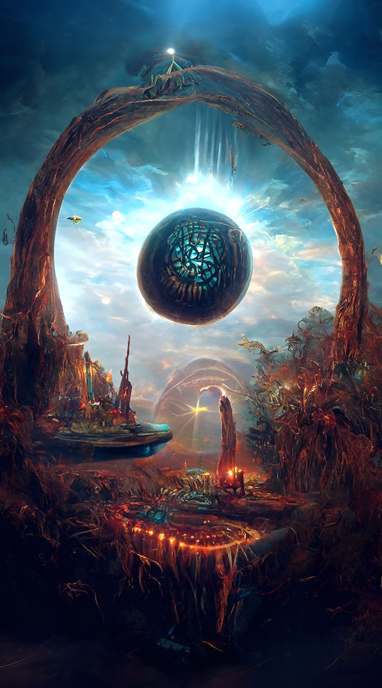 Cornpunk Portal with Floating Corncobs in Sci-Fi Landscape