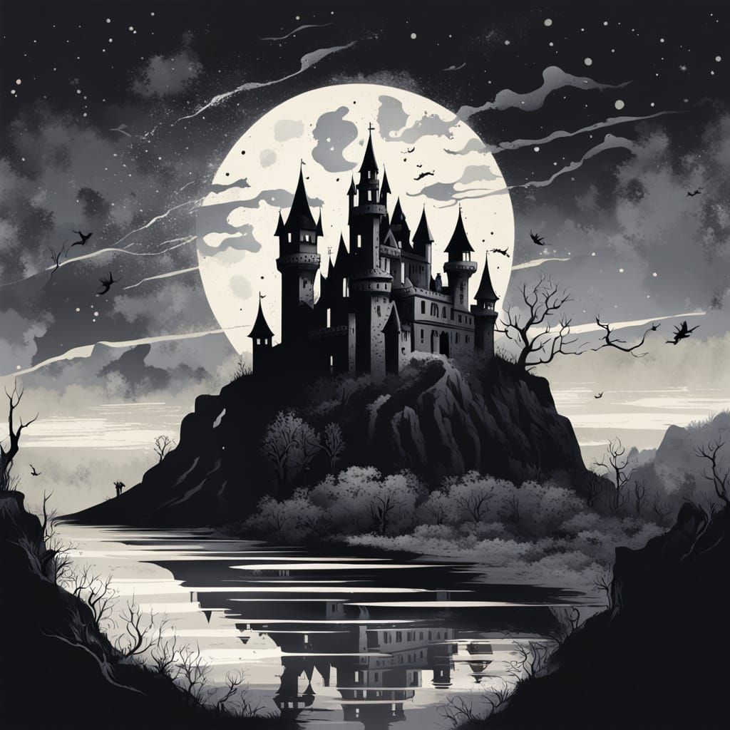 Spooky Castle in Mountainscape: Fantastic Realism in Ink