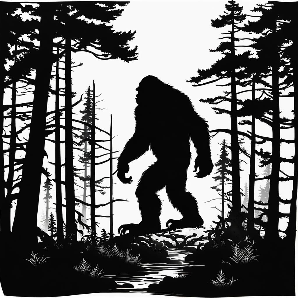 Bigfoot Silhouette in Dark Forest