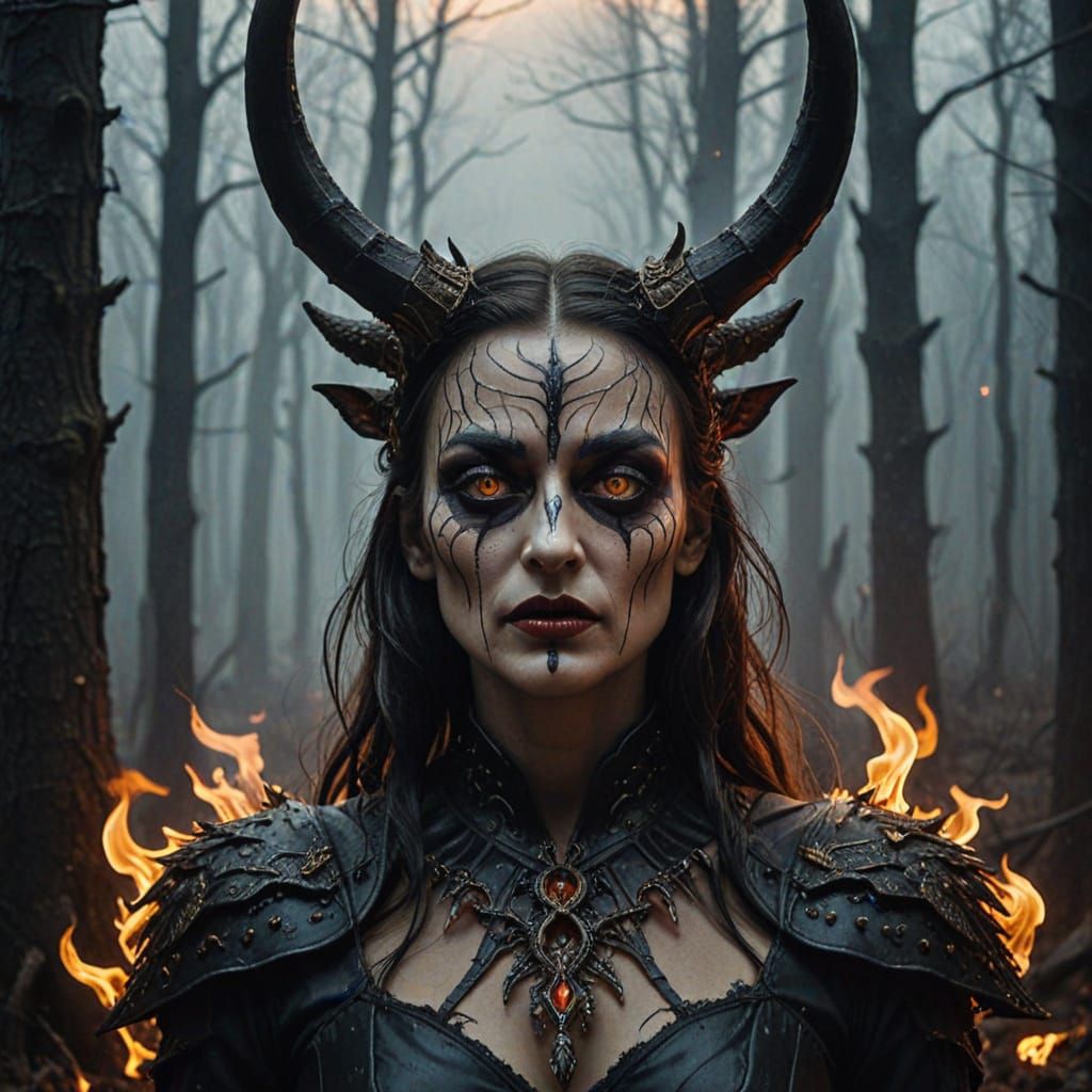 Dark Fantasy Demon Queen in Hellish Landscape