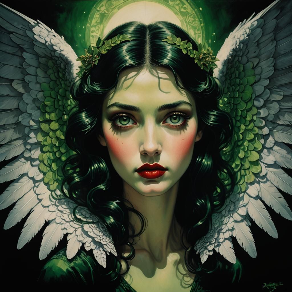 Ink Portrait of Descending Angel in Metarealism Style