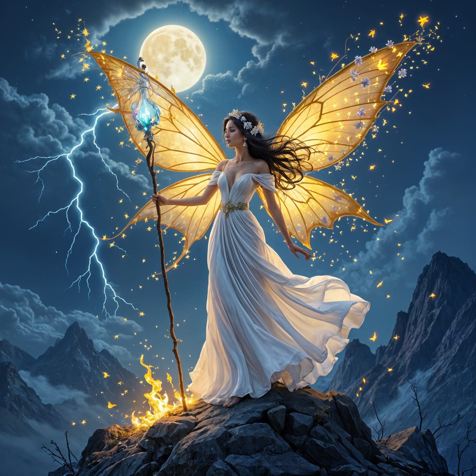 Fairy on Mountain Summit with Golden Wings and Blue Light St...