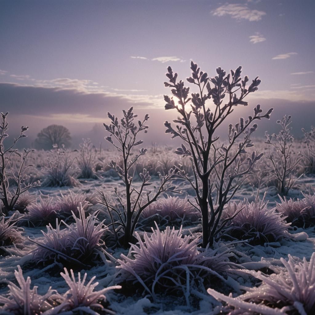 Lilac Frost Covers Black Wasteland: Cinematic Still