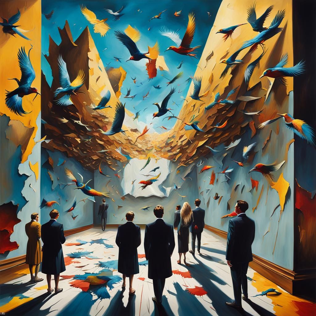 Birds Escape Torn Canvas: Surreal Oil Painting