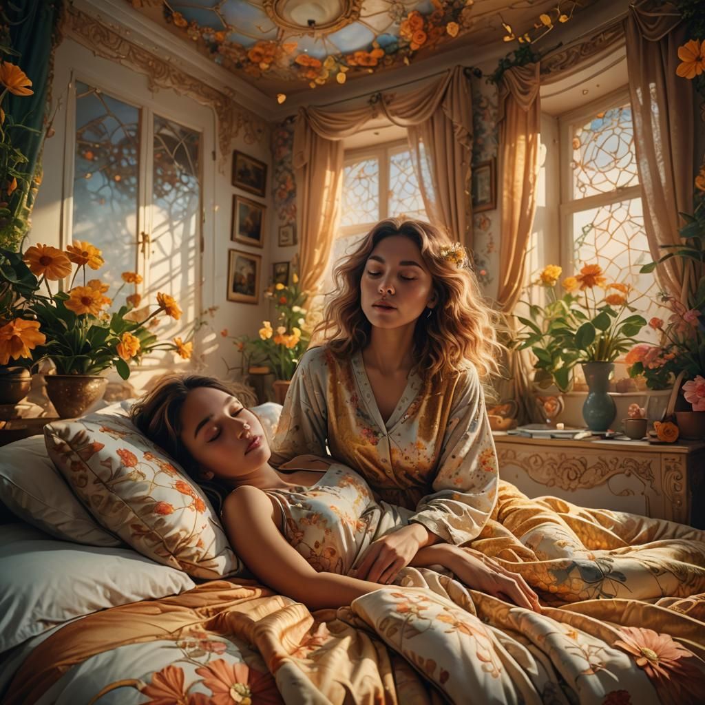 Dreamlike Awakening: Floral Bedroom in Digital Painting Styl...