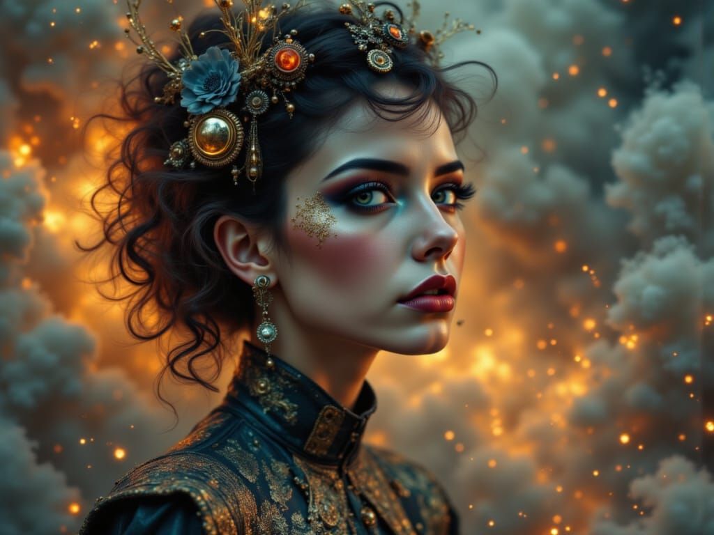 Fiery Dreamscape: Woman in Ornate Outfit, Concept Art