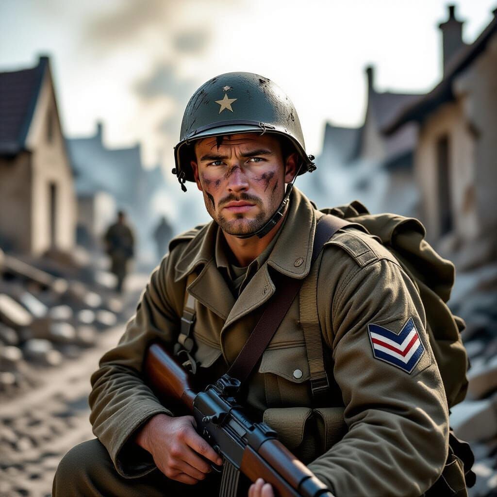World War II Soldier in Ruined Village, Documentary Style