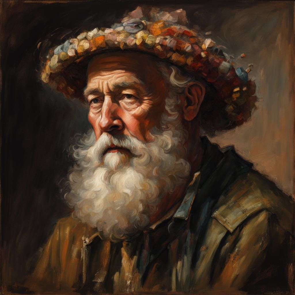 Old Man Portrait in Eclectic Fabric Hat with Hamsters